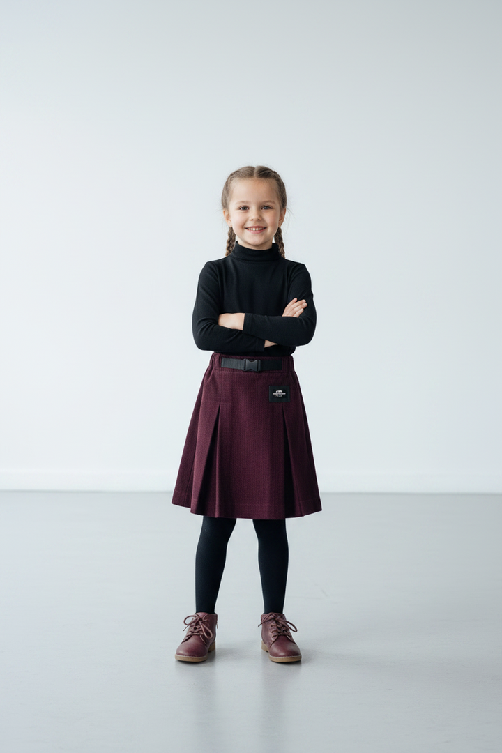 skirt corduroy pleated with waist buckle - brick