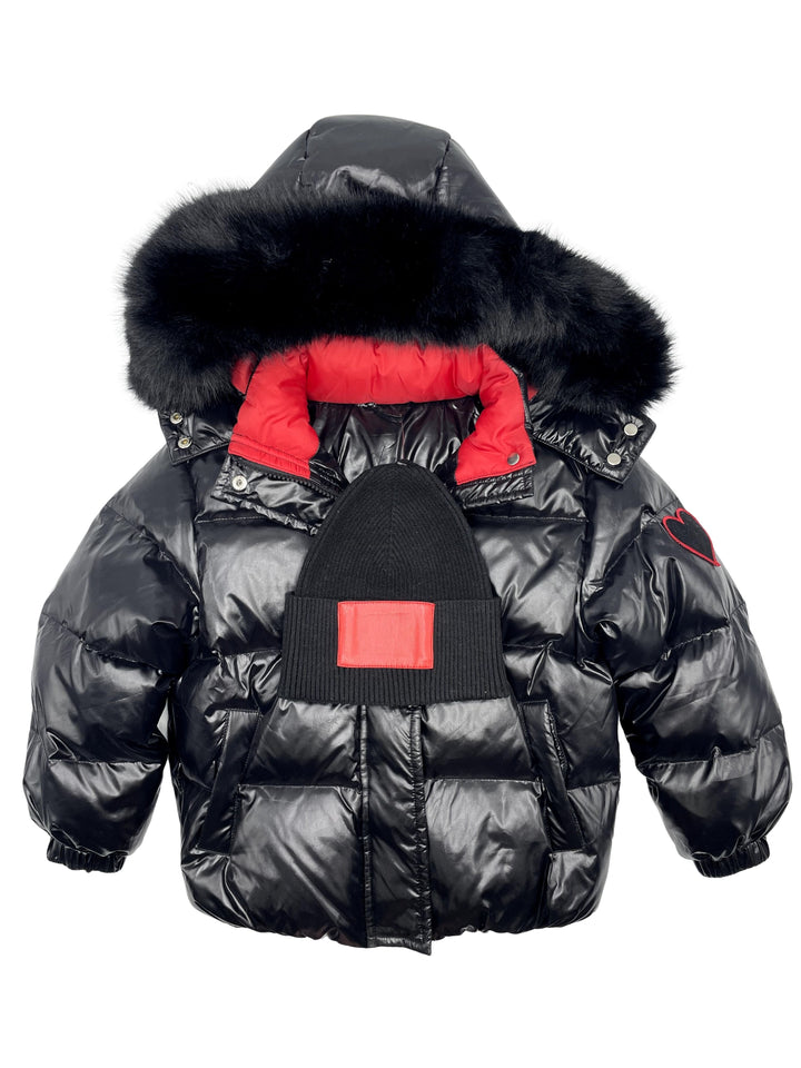 coat down padded heart applique with fur hood - black/red
