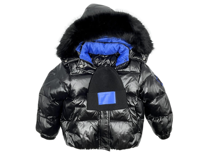 coat down padded star applique with fur hood - black/royal