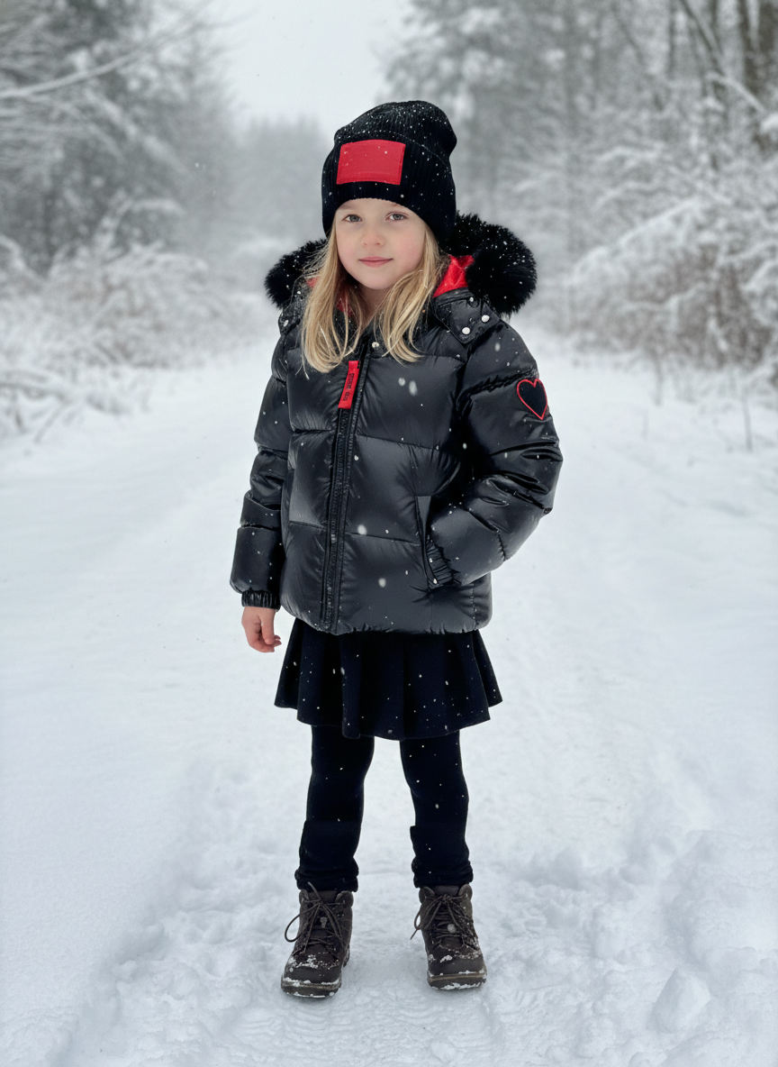 coat down padded heart applique with fur hood - black/red