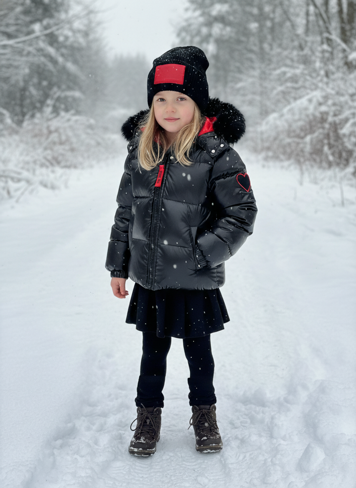 coat down padded heart applique with fur hood - black/red