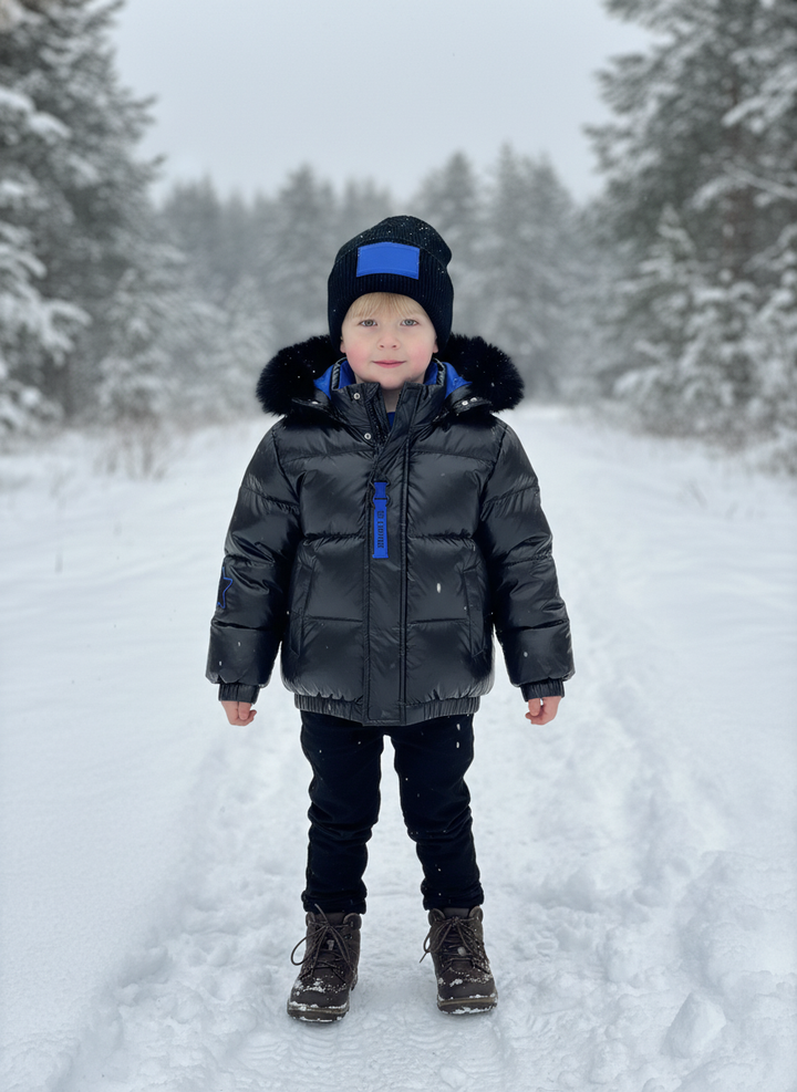 coat down padded star applique with fur hood - black/royal
