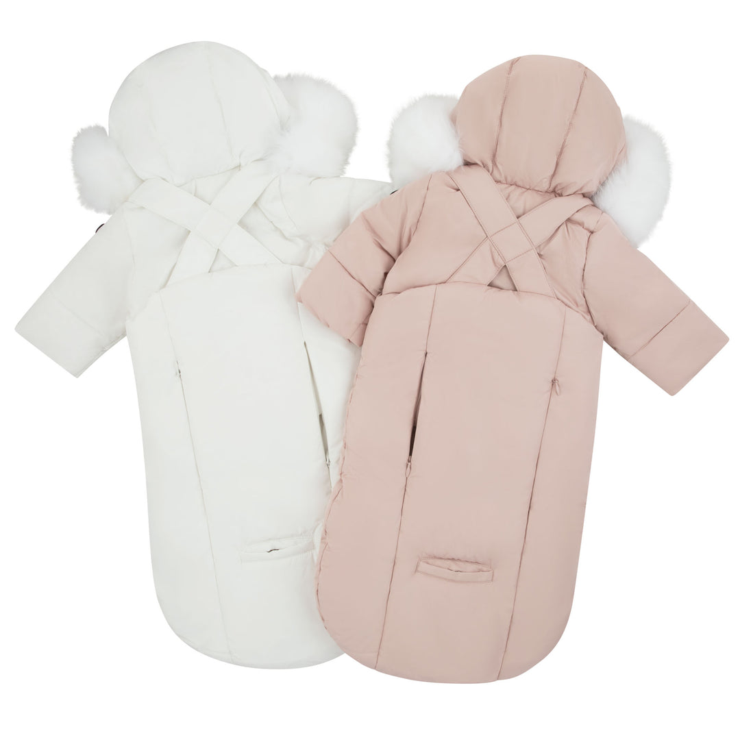 snowsuit bow straps with fur hood - ivory