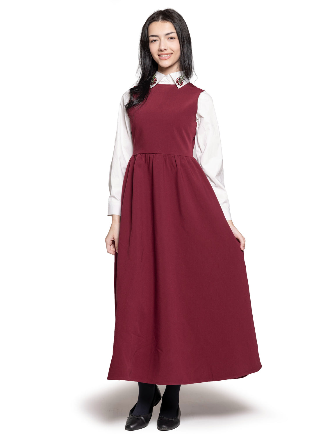 shirt l/s flower gem blouse - burgundy/white