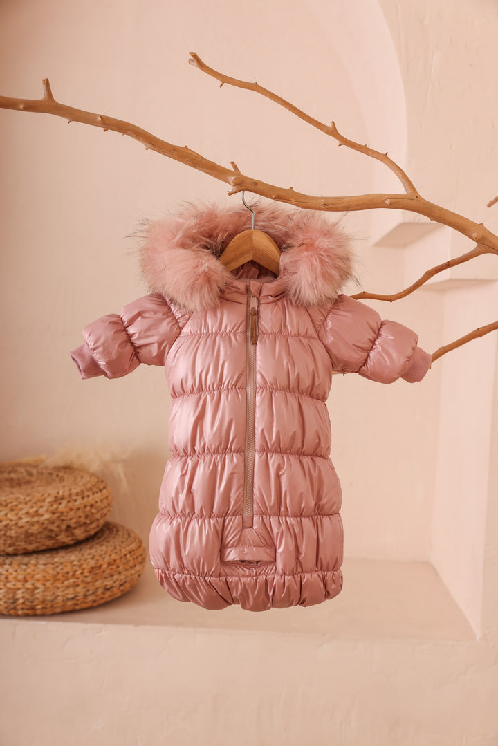 snowsuit rouched zipper puffer with fur hood - pink