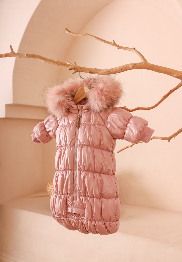snowsuit rouched zipper puffer with fur hood - pink
