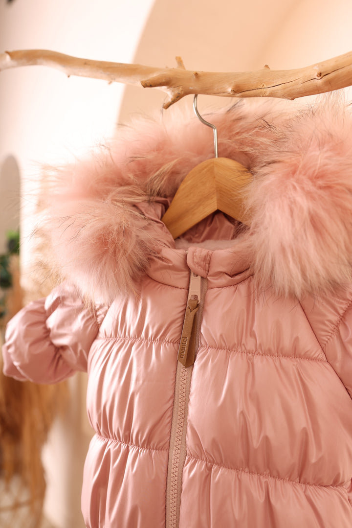 snowsuit rouched zipper puffer with fur hood - pink