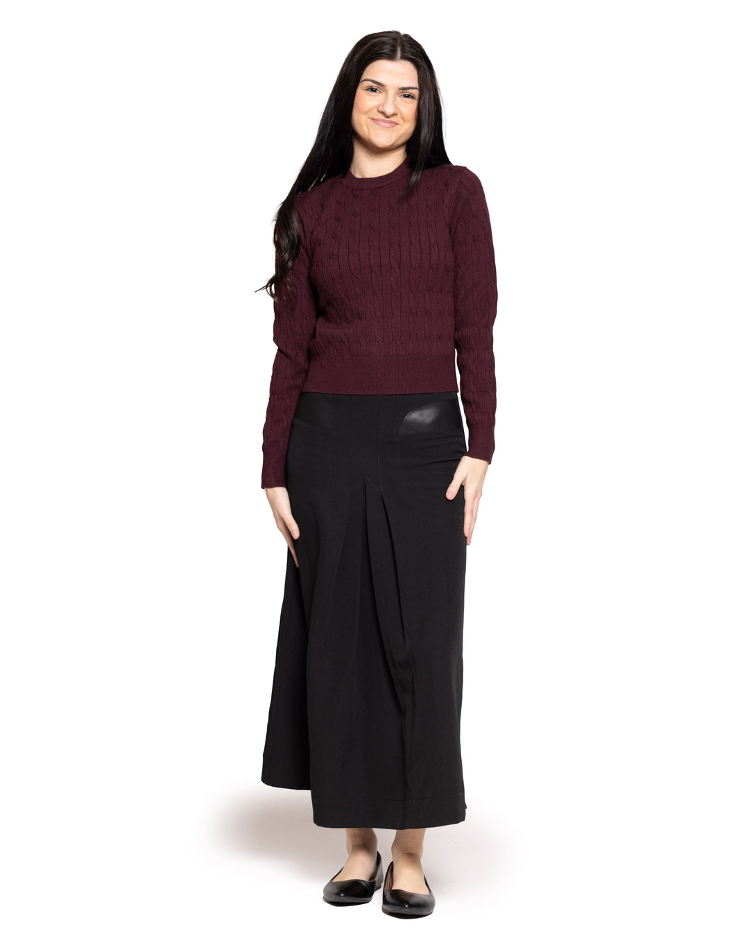 top l/s wide cable knit sweater - burgundy