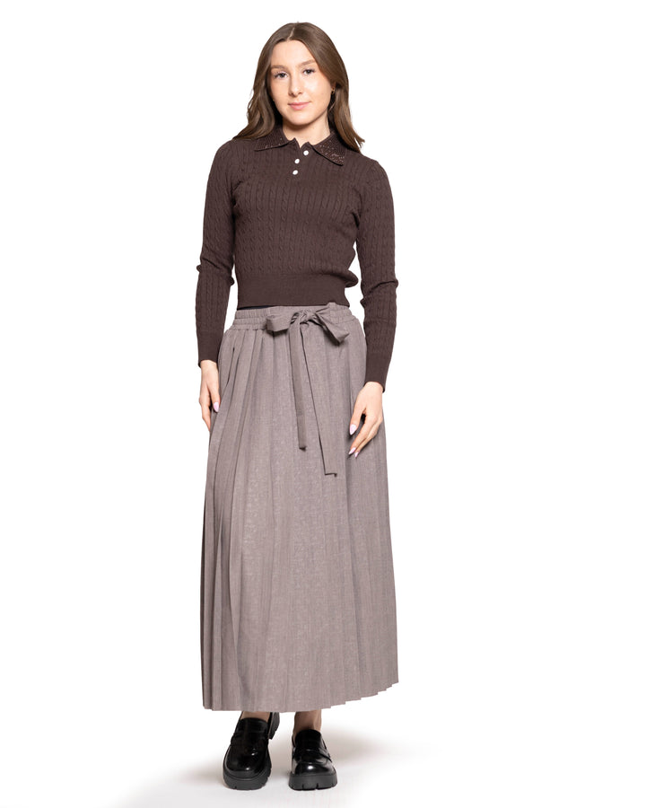 skirt midi heather pleated with waist tie - brown