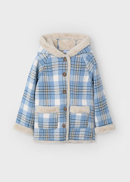 coat wool plaid with fur lining - sky blue-059