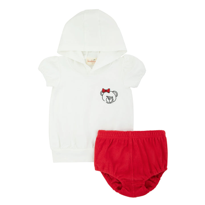set outfit s/s teddy hoodie and terry bloomers - white/red