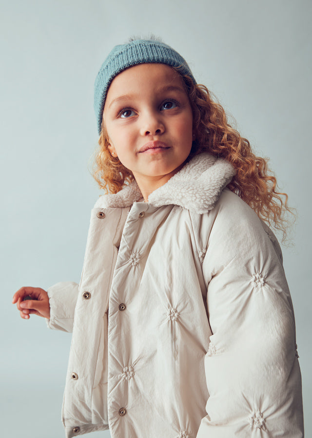 coat stitch puffer short with sherpa collar - sand-020