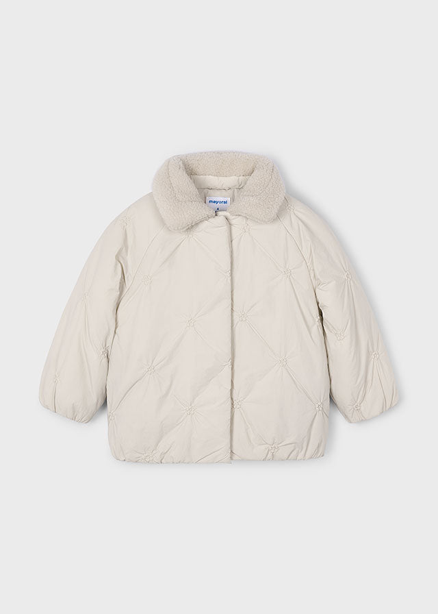 coat stitch puffer short with sherpa collar - sand-020