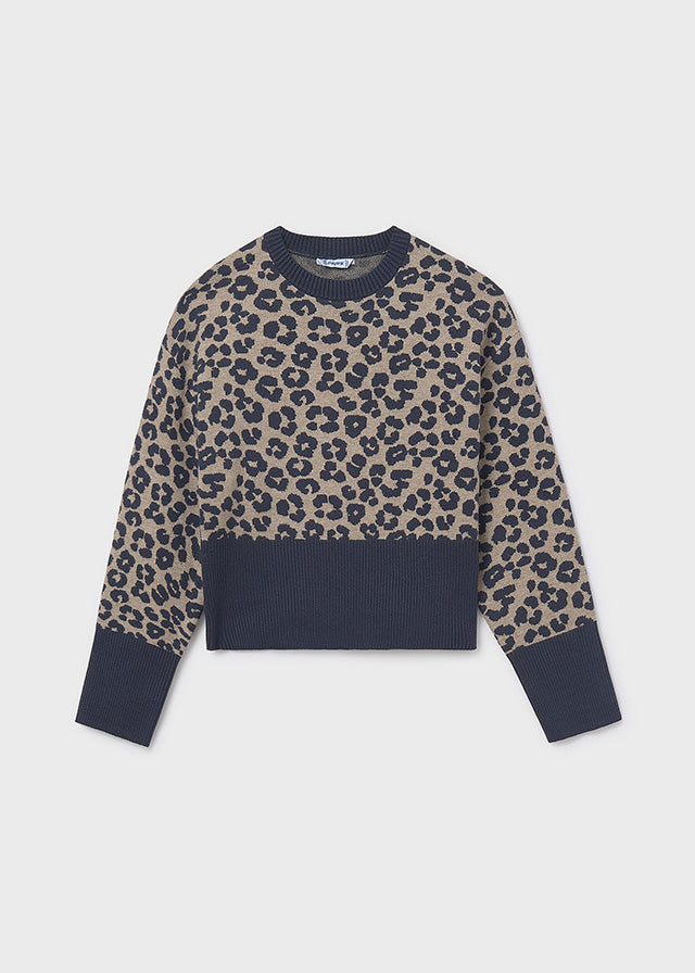top l/s knit leopard print cropped sweater - petroleum-069