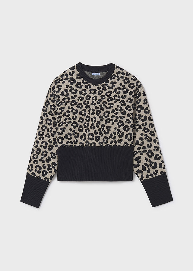 top l/s knit leopard print cropped sweater - black-070