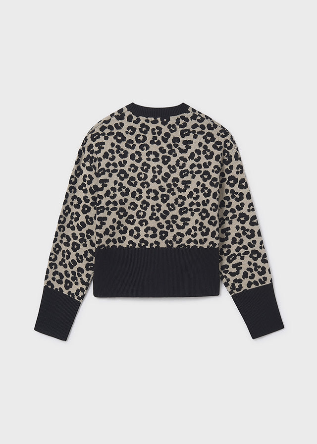 top l/s knit leopard print cropped sweater - black-070