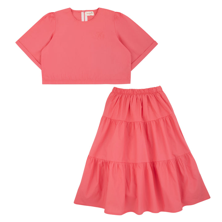 set outfit petite cropped shirt and tiered skirt - coral