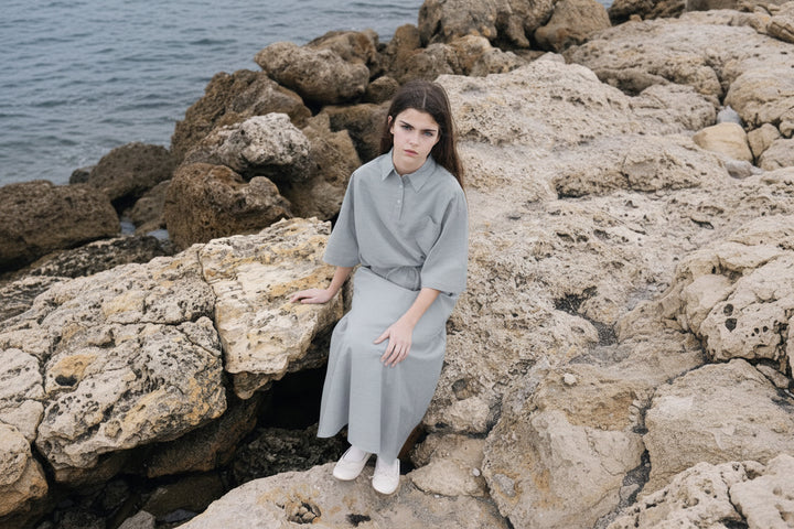 set outfit oversized linen shirt and drawstring skirt - light blue