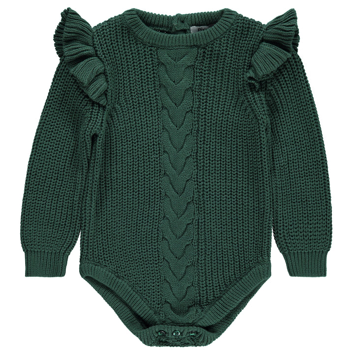 one piece knit cable romper with ruffle - deep green