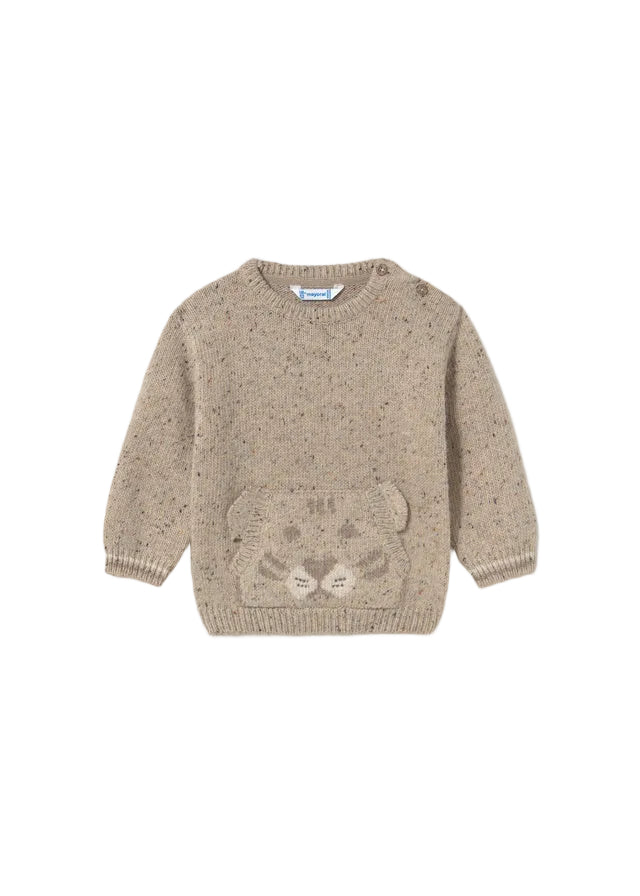 top l/s speckled knit tiger pocket sweater - taupe-055