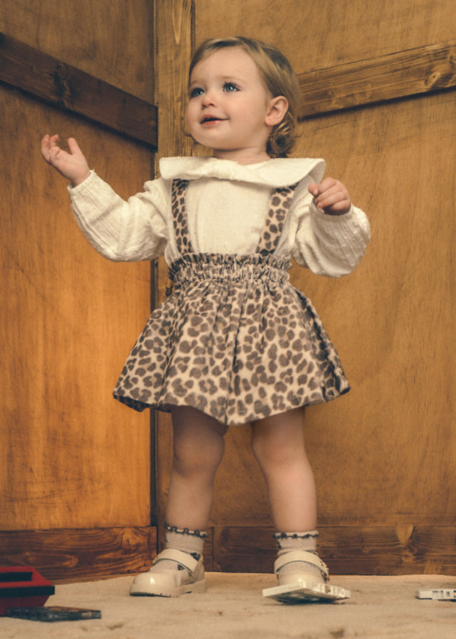 set outfit skirt corduroy leopard print with suspenders and shirt l/s - walnut-039