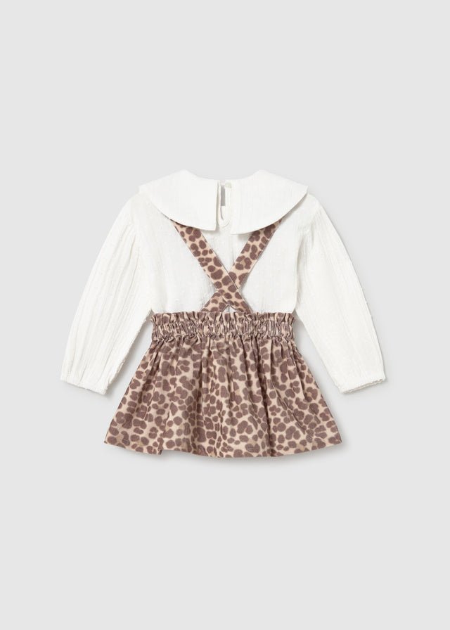 set outfit skirt corduroy leopard print with suspenders and shirt l/s - walnut-039