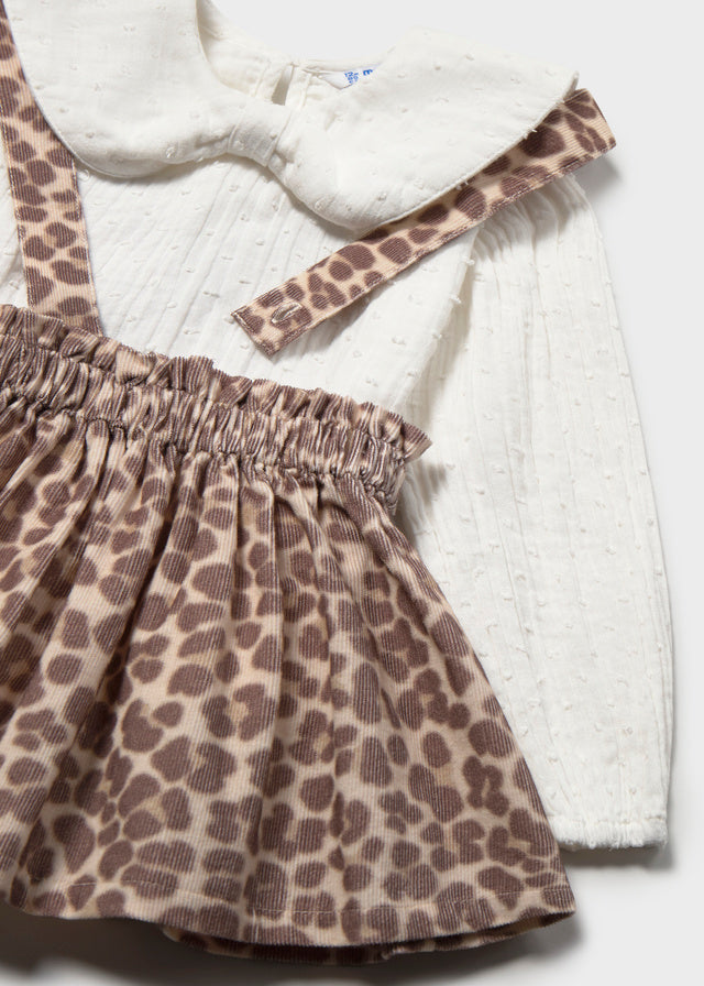 set outfit skirt corduroy leopard print with suspenders and shirt l/s - walnut-039