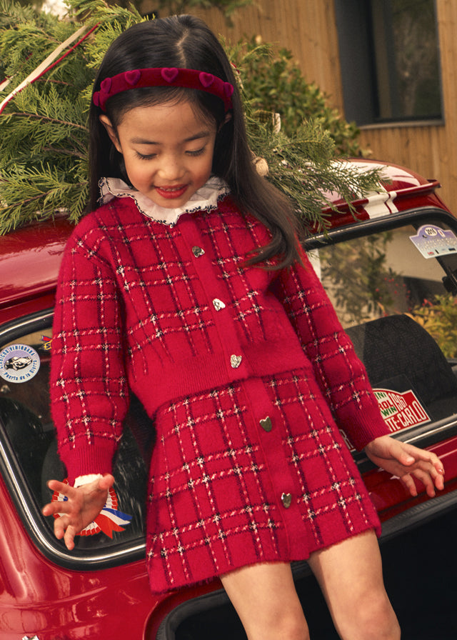 set outfit mohair plaid cardigan and skirt - red-031