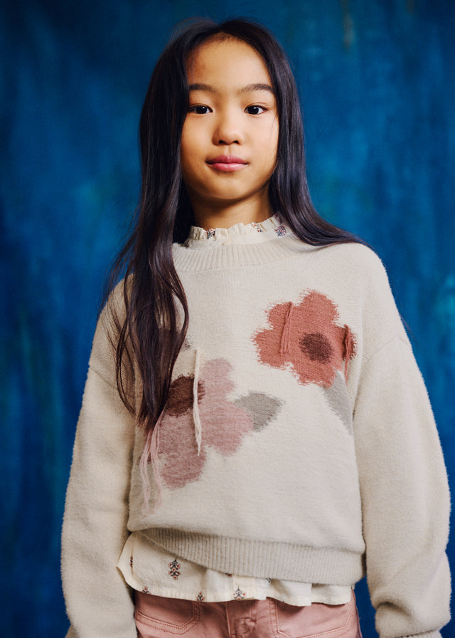 top l/s thread flower knit sweater - cream-010