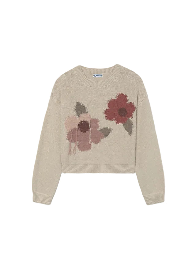 top l/s thread flower knit sweater - cream-010
