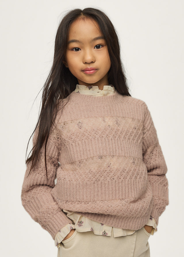 top l/s crochet multi knit sweater - blush-011