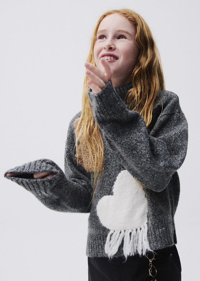 top l/s chunky knit heart detail turtleneck - gray-014