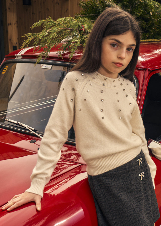 top l/s knit gem stone detail sweater - cream-023