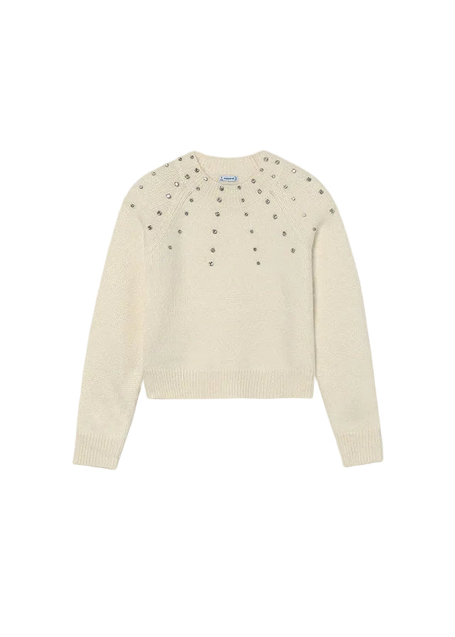 top l/s knit gem stone detail sweater - cream-023