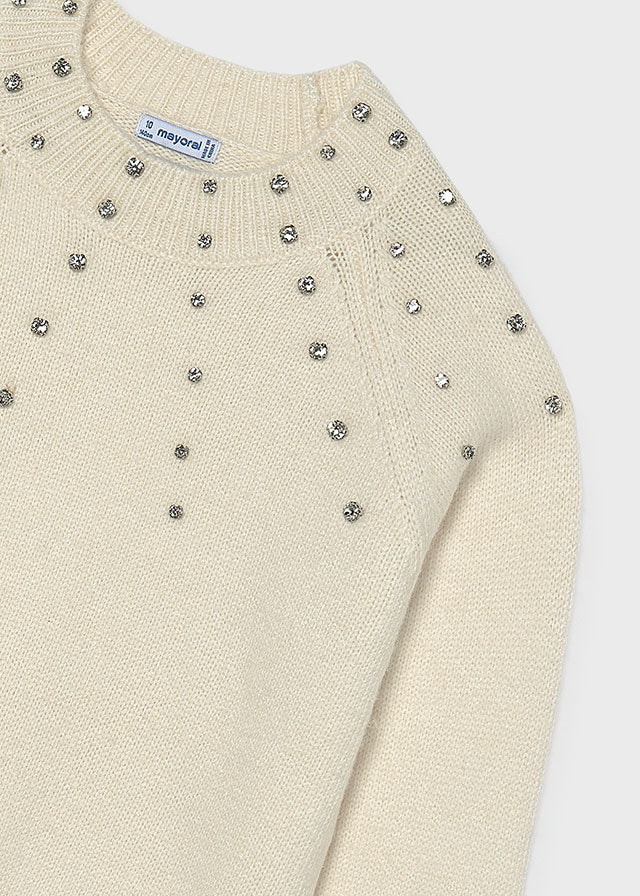 top l/s knit gem stone detail sweater - cream-023