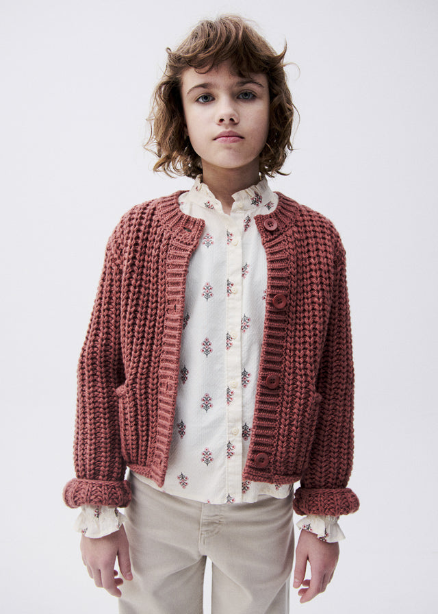top l/s chunky knit cardigan - brick red-027