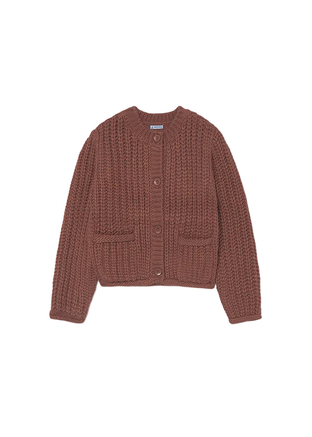 top l/s chunky knit cardigan - brick red-027