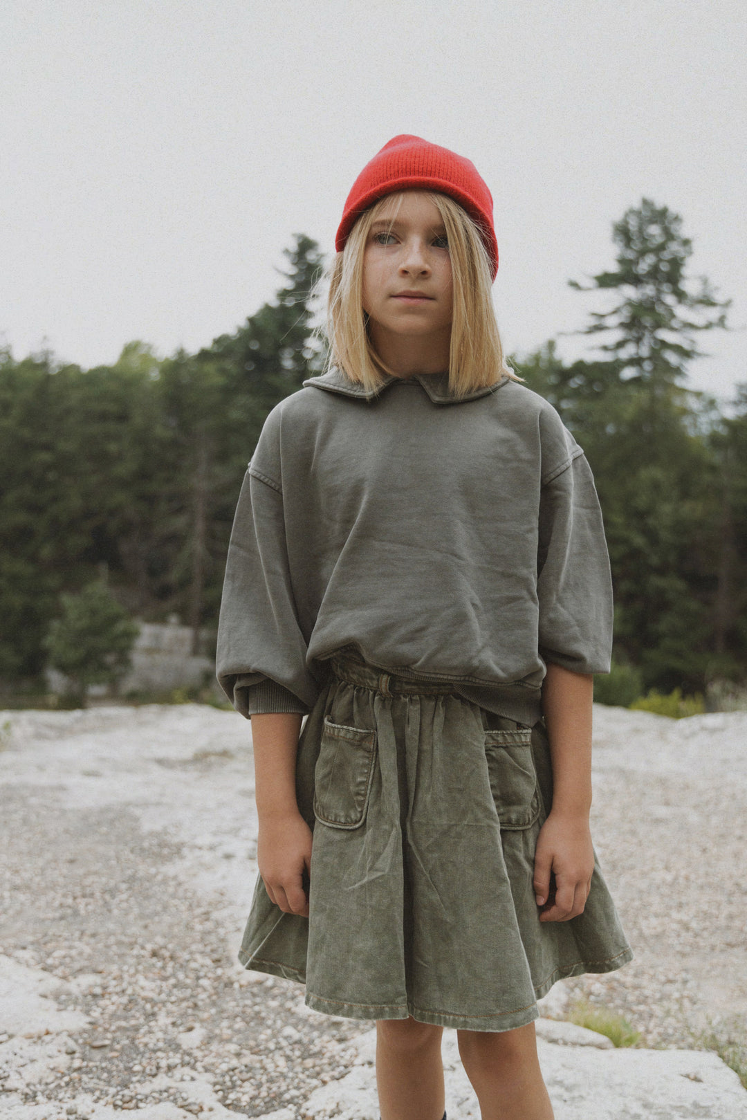 skirt denim circle with piped pockets - washed green