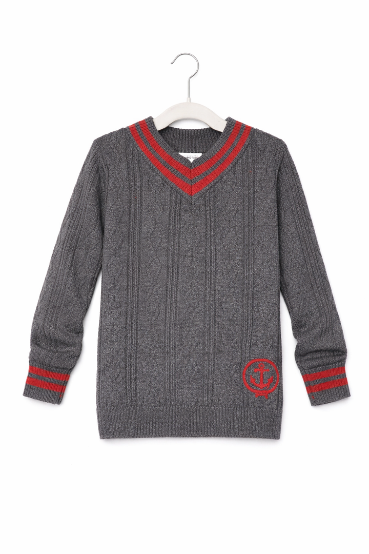 top l/s textured knit sweater with striped trims - charcoal