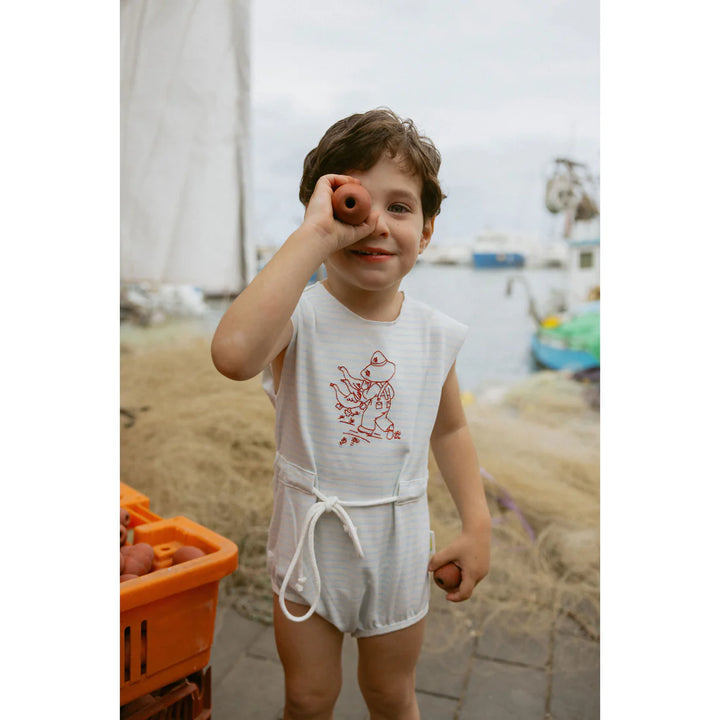 one piece striped embroidered boy with ducks romper - white/blue