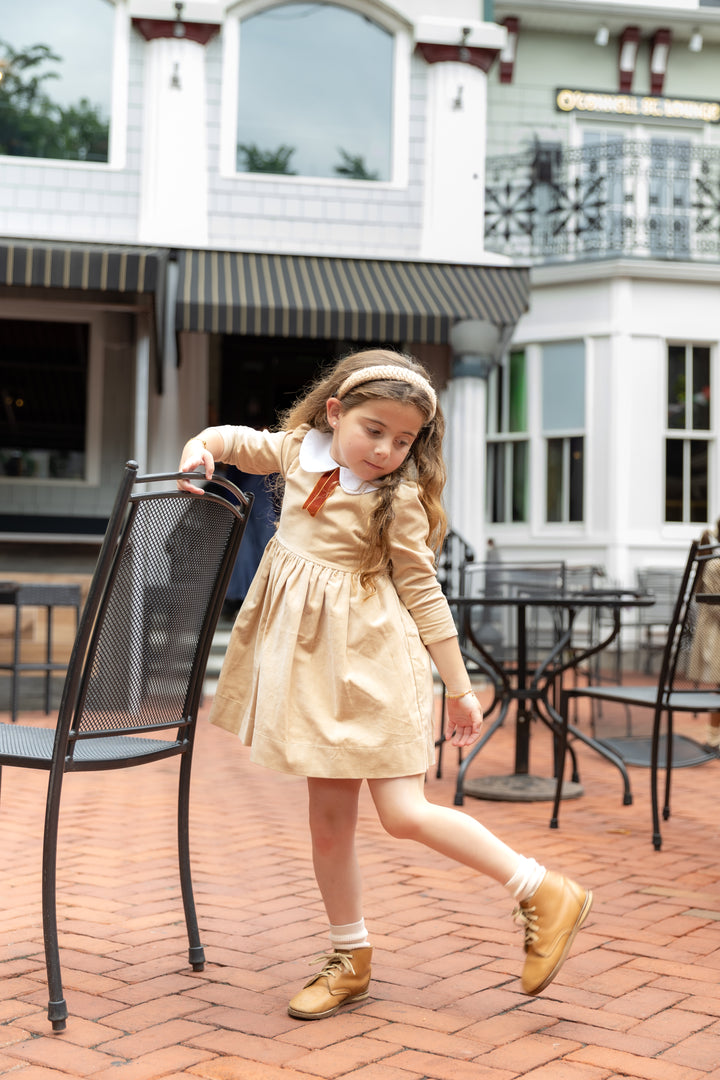 dress crushed velour with velvet ribbon collar - tan