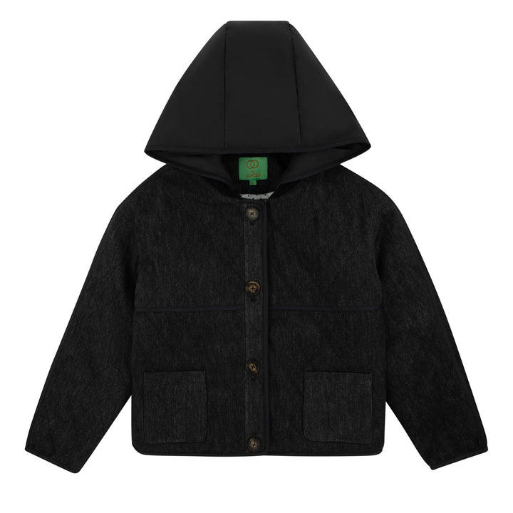 jacket denim quilted button with rain hood - black