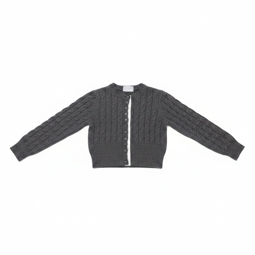 top l/s cable knit mock cardigan sweater - dark grey melange