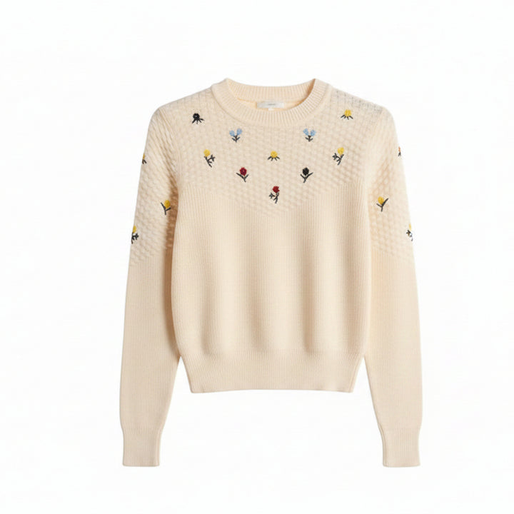 top l/s textured embroidered knit sweater - off white