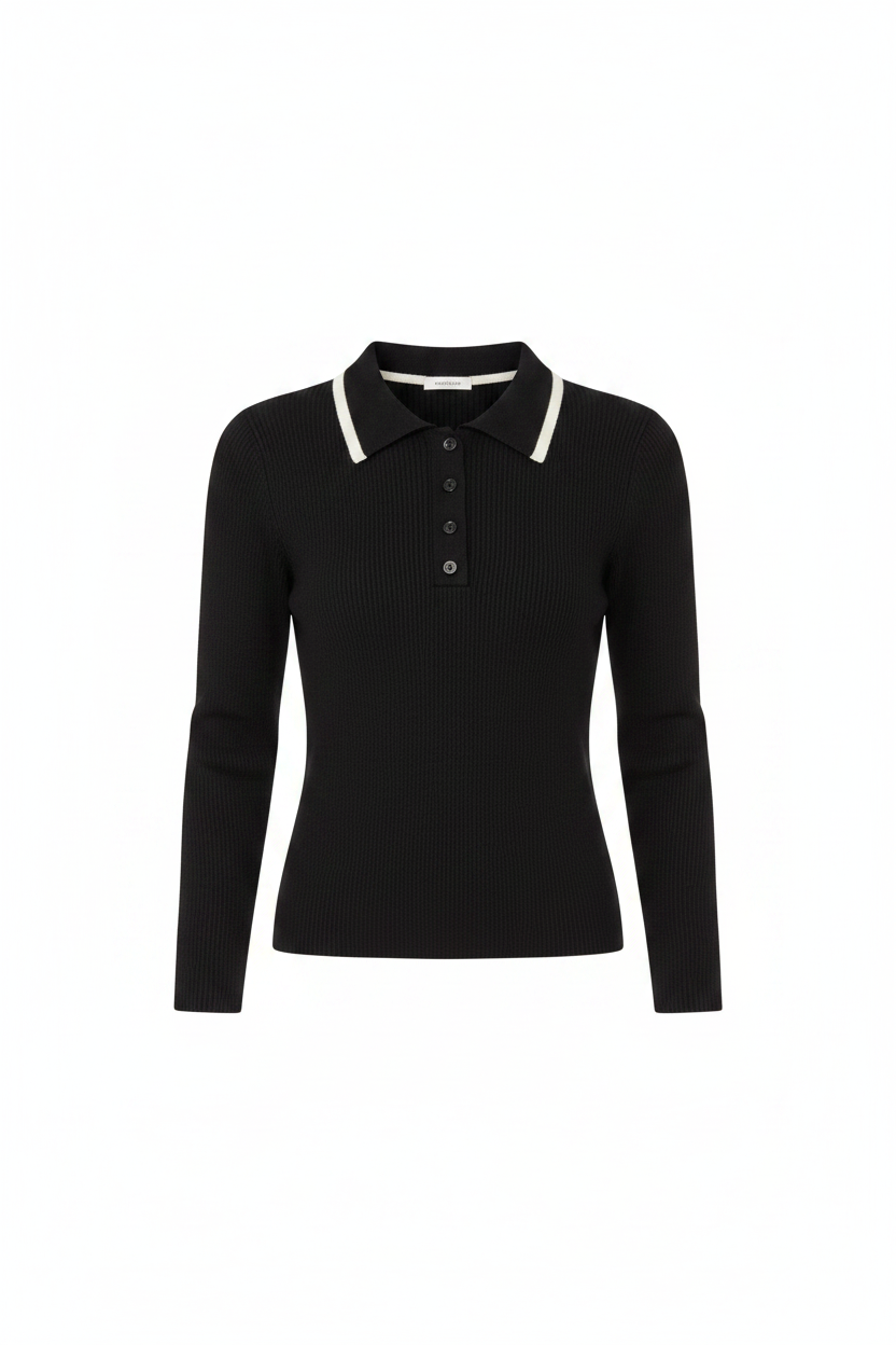 polo l/s ribbed knit - black