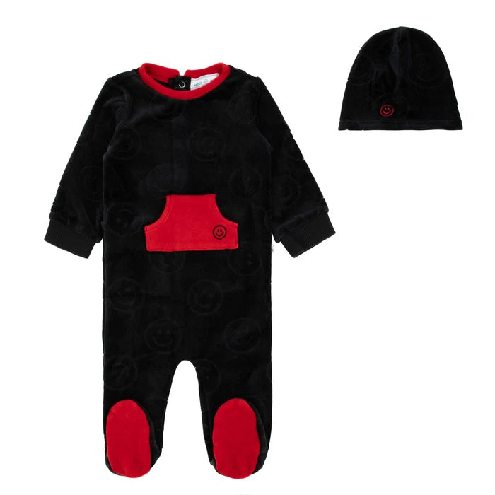 footie velour sleepy smiles with beanie - black/red
