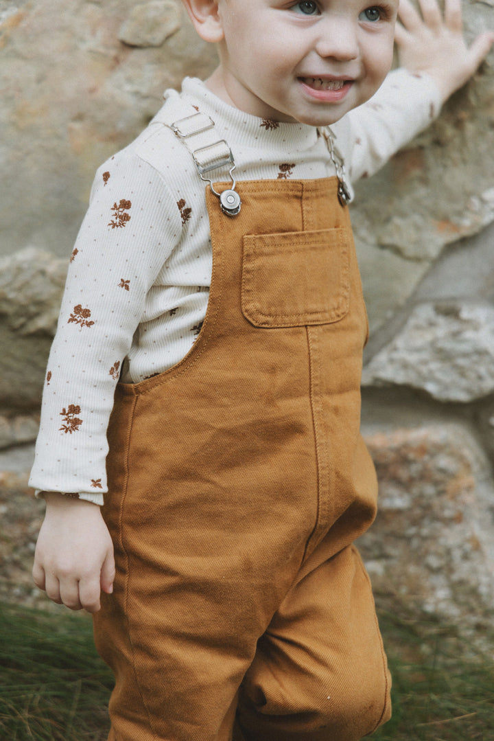one piece canvas front pocket long overalls - ochre