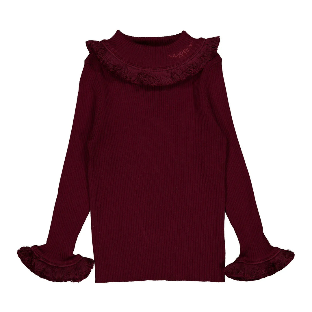 top l/s knit fringe turtleneck - wine