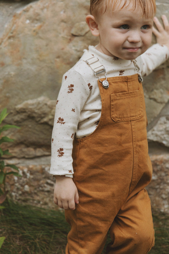 one piece canvas front pocket long overalls - ochre