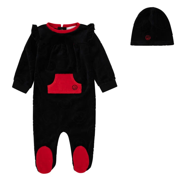 footie velour sleepy smiles with beanie - black/red